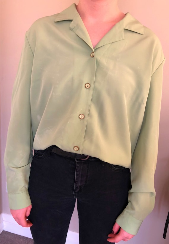 Vintage 70’s Green Silky Secretary Blouse Shirt