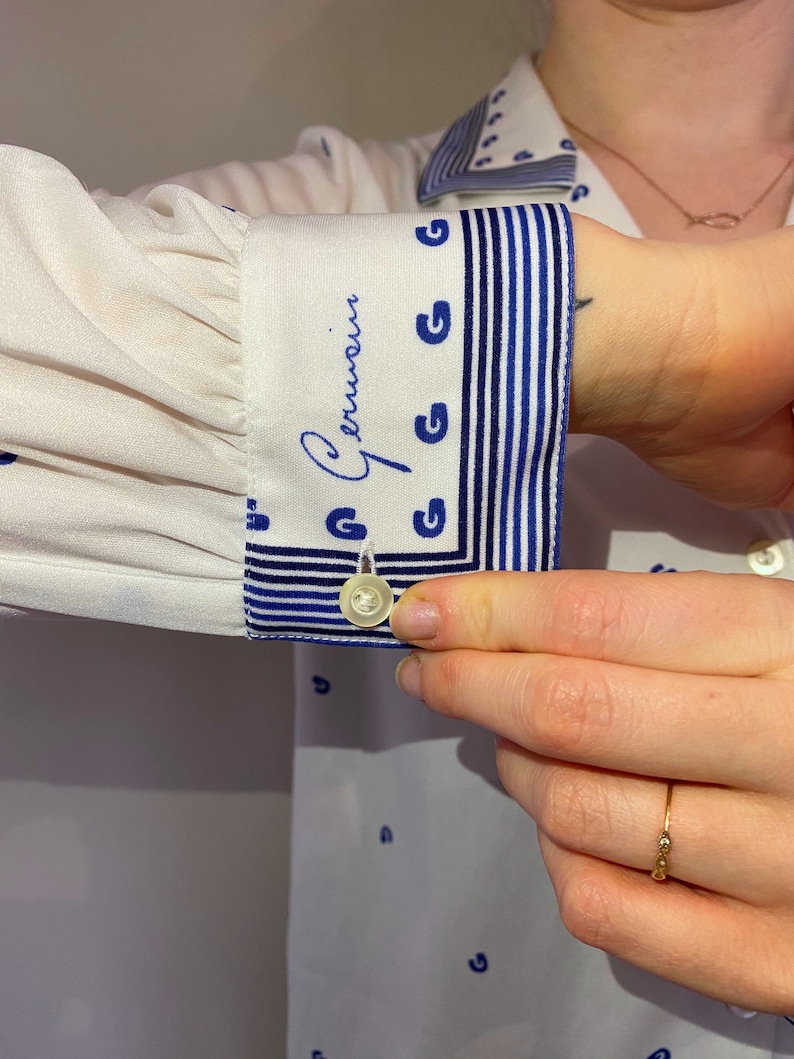 Vintage Geometric Stripe Blouse Vintage White Top 70\u2019s White And Blue Vintage Shirt