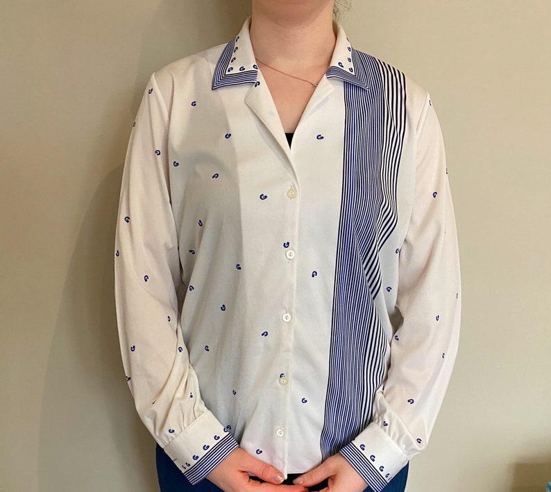 Vintage Geometric Stripe Blouse Vintage White Top 70\u2019s White And Blue Vintage Shirt