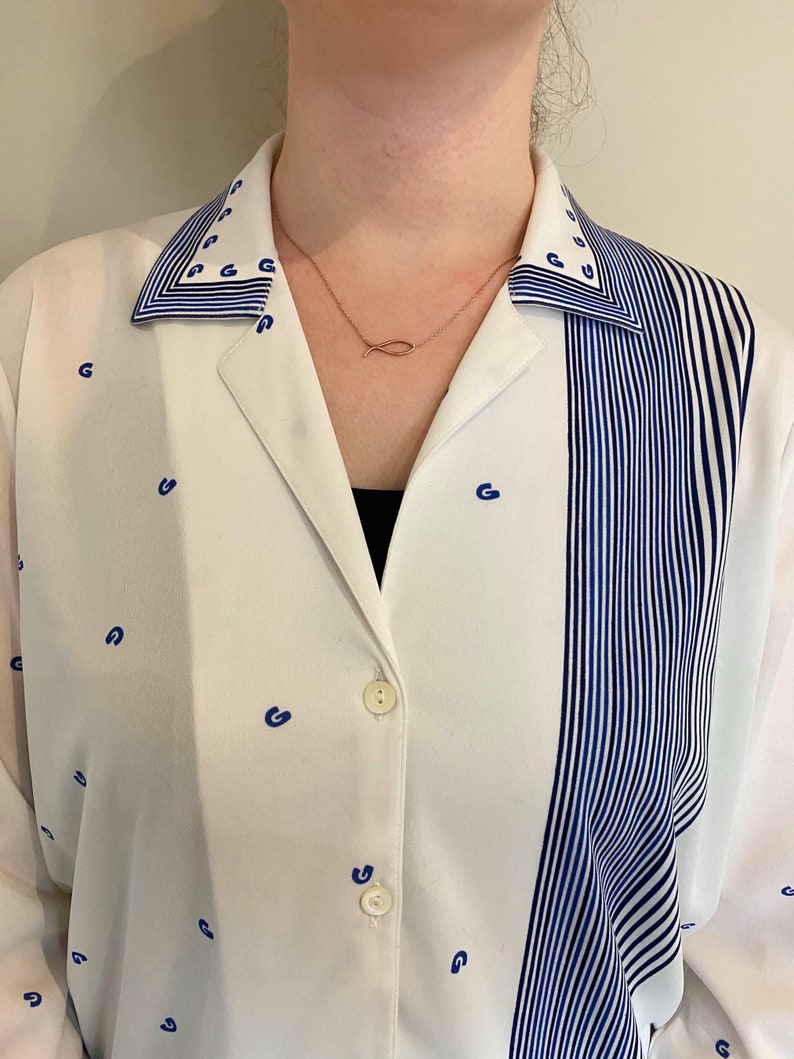 Vintage Geometric Stripe Blouse Vintage White Top 70\u2019s White And Blue Vintage Shirt