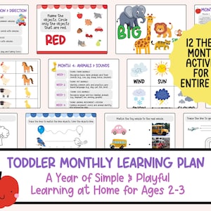 May include: A toddler monthly learning plan with colorful illustrations. The plan includes activities for transportation, animals, and weather. Text on the plan reads "12 themed months + activities for an entire year!" and "A Year of Simple & Playful Learning at Home for Ages 2-3."