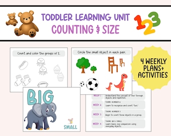 Counting & Size Toddler Unit | Toddler Teaching Plan Printable | Preschool Weekly Daily Activities | Home Learning Schedule for Ages 1–3