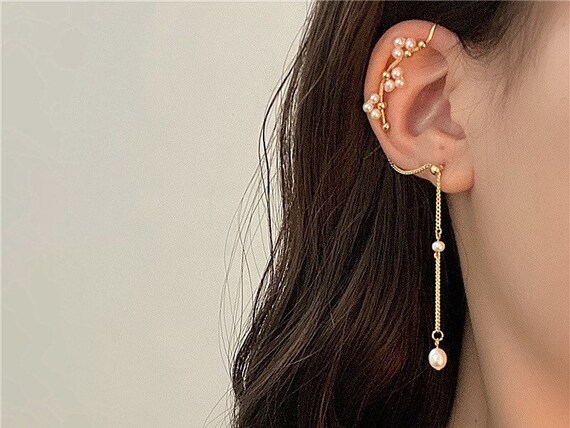 Single Freshwater Pearls Threader Ear Cuff & Stud Earring | Etsy