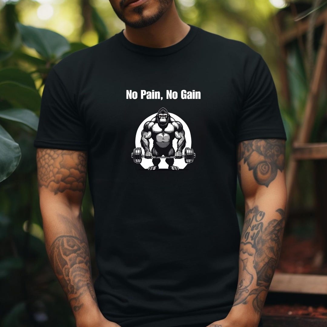 Cartoon Gorilla Lifting Weights T-shirt No Pain No Gain Shirt Funny Gym ...