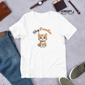 Shirt happy cartoon kat, T-shirt schattige kat, shirt grappig kattenliefhebber, Stay Pawsitive T-shirt, inspirerend cadeau kattenliefhebber