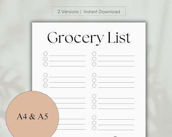 Grocery List Template for Grocery Shopping & Grocery Planning | Weekly Grocery List PDF Digital Grocery List Printable | Groceries Food List