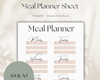 Meal Planner Printable | Family Meal Planner Weekly Meal Plan | Meal Prep Planner Digital Diet Planner | Online Food Planner | A4 & A5