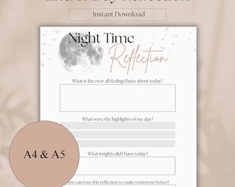 Self Reflection Journal for Daily Reflection| Daily Journal Prompts | Reflection Planner | Evening Reflections Night Time Journal