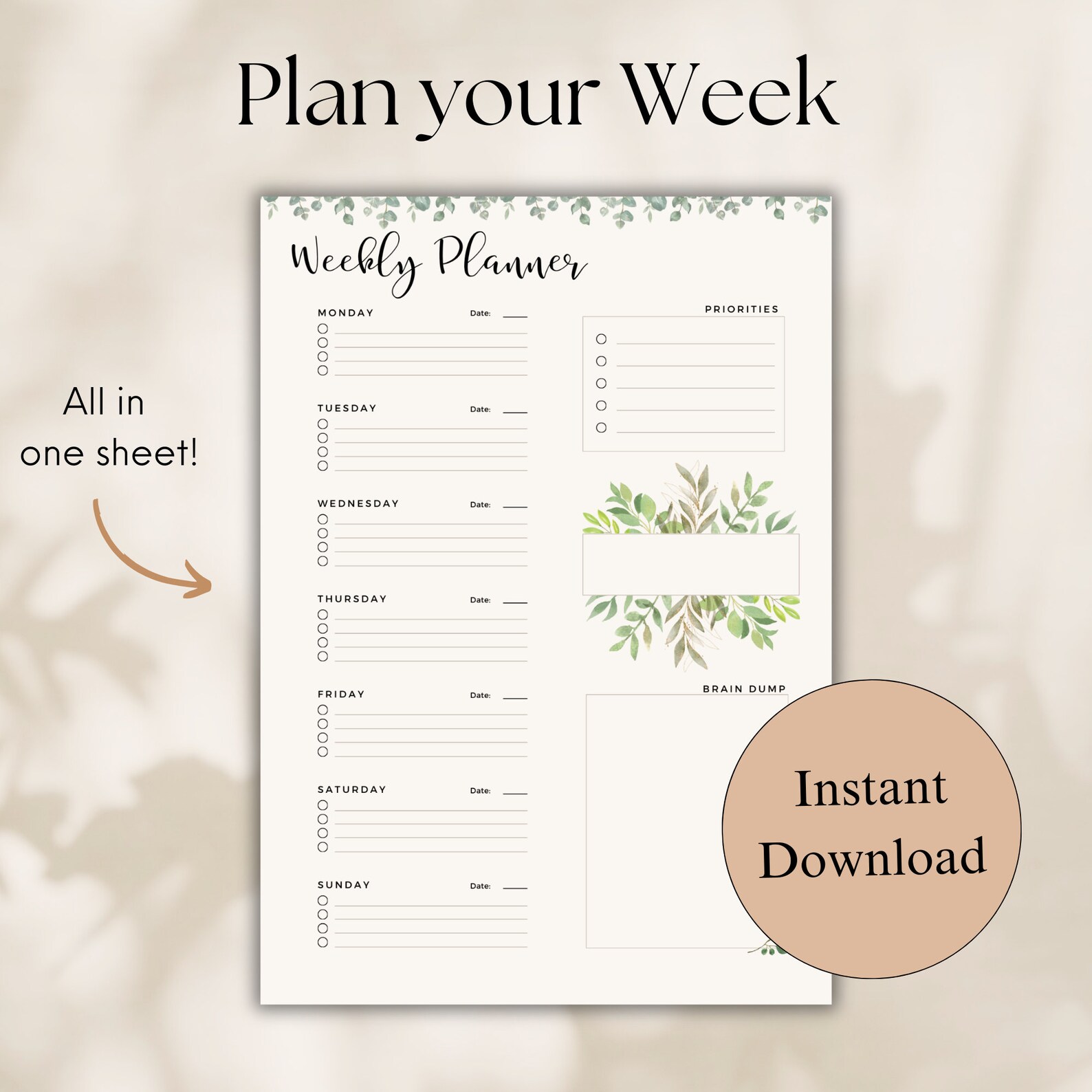 Cute Weekly Planner Printable | Weekly to Do List Undated | Weekly ...
