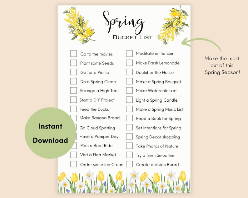 Spring Items List Spring Bucket List Printable | Spring Activities | Spring Bulletin ...
