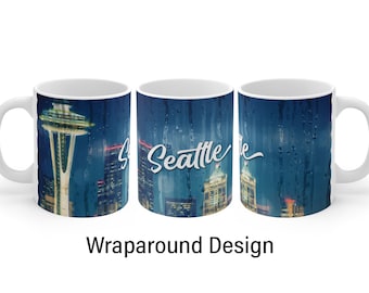 Seattle Coffee Mug 11oz, Washington State Seattle Mug, Space Needle Mug, Wraparound Design, Wet Raindrops Look, Seattle At Night Coffee Mug