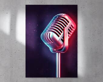 Microphone Satin Poster Wall Art, Instrument Poster, Musician Digital Print, Wall Decor, Music Studio, Music Posters, Neon Instruments