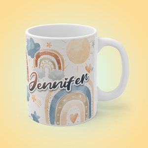 Personalized Custom Name Mug, Customizable Text Gift Mug, Personalized Gift Idea For Her, Gifts For Women, Boho Style Rainbows Coffee Mug