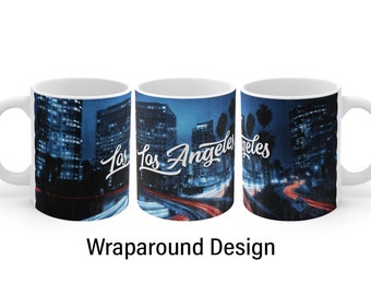 Los Angeles Coffee Mug 11oz, Wraparound LA Mug, California, Wet Raindrops Look, City Typography, Night City Mug, Los Angeles At Night