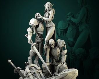May include: A white painted miniature figurine of a female elf standing on a rocky base with two skeletal figures. The elf is wearing a long dress and has long hair. The skeletal figures are wearing armor and holding swords.