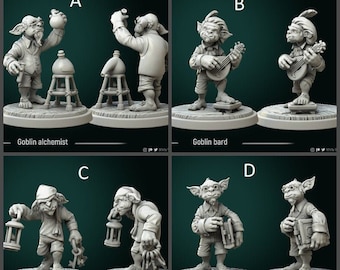 May include: Four detailed, unpainted resin miniatures of goblins. The figures include a goblin alchemist, bard, custodian, and librarian. Each goblin is posed on a round base, with the name of each figure printed below.