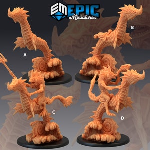 May include: Four miniature figurines of a seahorse-like creature with a rider. The figurines are painted in a light brown color and are posed in different positions. The figurines are labeled A, B, C, and D. The figurines are from the company "EM EPIC Miniatures".