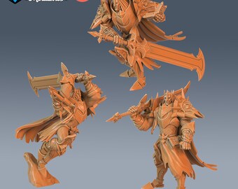 May include: Three 3D printed miniatures of a knight in armor, each with a different pose. The knight is holding a sword and shield. The miniatures are pre-supported and are labeled "SIZE: LARGE" and "PRE-SUPPORTED".