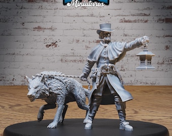 May include: A gray painted miniature of a man in a long coat and top hat, holding a lantern and leading a wolf on a chain. The miniature is on a black base. BASE SIZE: MEDIUM (25.5MM) #4705