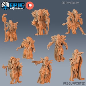 May include: Set of seven 3D printed miniature figures of tentacled creatures wearing robes. The figures are pre-supported and come in a medium size. The figures are printed in a light brown color.