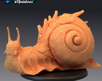 May include: A detailed, peach-colored miniature of a fantasy snail with a spiky shell and textured body. The snail is posed on a black circular base, showcasing its intricate design. The logo "EM EPIC Miniatures" is visible in the top left corner.