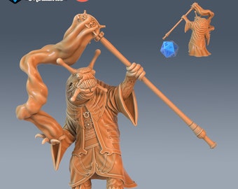May include: A 3D printed miniature of a snail-like creature wearing a robe and holding a staff with a swirling orange flame at the top. The miniature is pre-supported and is labeled #3025. The miniature is medium size.