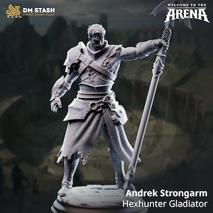 May include: A gray 3D-printed miniature of Andrek Strongarm, a Hexhunter Gladiator, holding a large polearm. The figure is clad in detailed armor and torn fabric, with the text "WELCOME TO THE ARENA" and "DM STASH PRINT.PAINT.PLAY" visible.