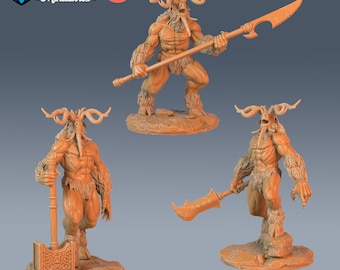 May include: Three 3D printed miniatures of a goat-like creature with horns, a beard, and a muscular build. The miniatures are posed in different stances, holding weapons such as a spear and a large axe. The miniatures are pre-supported and are labeled "SIZE: HUGE".