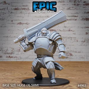 May include: A gray plastic miniature of a warrior wearing armor and holding a large sword. The miniature is standing on a black base. BASE SIZE: HUGE (76.5MM) #4963