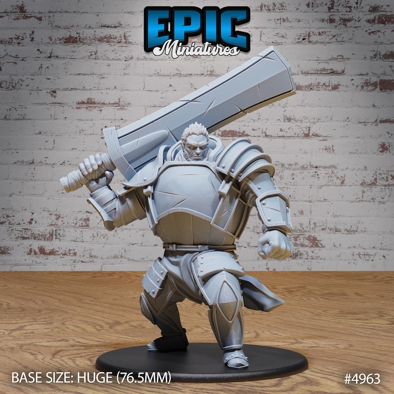 May include: A gray plastic miniature of a warrior wearing armor and holding a large sword. The miniature is standing on a black base. BASE SIZE: HUGE (76.5MM) #4963
