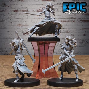 May include: A set of grey miniature figurines with a warrior theme. The figurines include a woman with a sword, and other figures with swords and shields. The Epic Miniatures logo is visible in the top right corner.