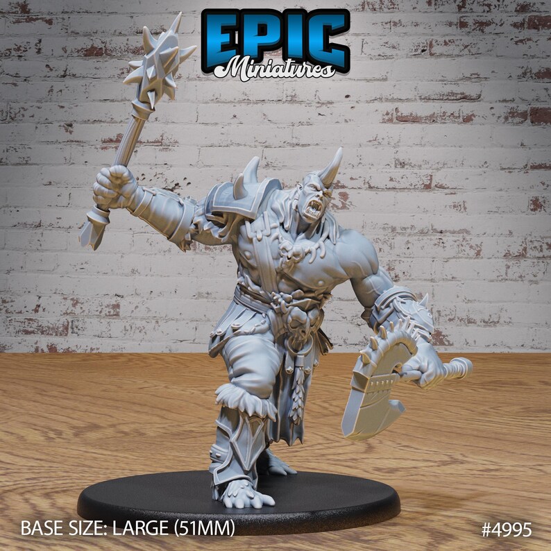 May include: A gray, detailed miniature of a large, horned, humanoid figure wielding a spiked club in one hand and a large axe in the other. The miniature is posed in a dynamic, attacking stance. The base size is Large (51mm). #4995