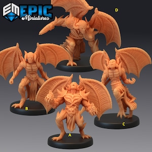May include: Four detailed miniature figures of winged demons with horns, claws, and intricate armour. The figures are posed in dynamic stances and are painted in a light brown colour. The miniatures are labelled A, B, C, and D.
