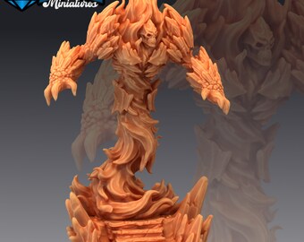 May include: A detailed, orange-toned miniature figure of a fiery elemental. The figure has a skull-like face and a swirling, flame-like body. The base features rocky formations and steps. The logo "EM EPIC Miniatures" is in the top left corner.