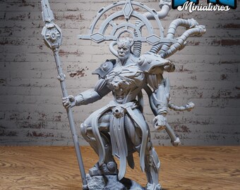 May include: A gray miniature figure of a warrior, holding a spear and standing on a rocky base. The figure has intricate armor and a headpiece with a circular design. The Epic Miniatures logo is in the top right corner.