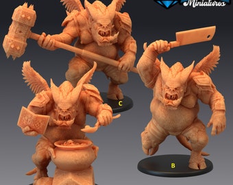 May include: Three detailed miniature figurines of winged demons, each with unique poses and weapons. The demon on the left holds a large hammer, the middle demon holds a large knife, and the demon on the right holds a large pot.