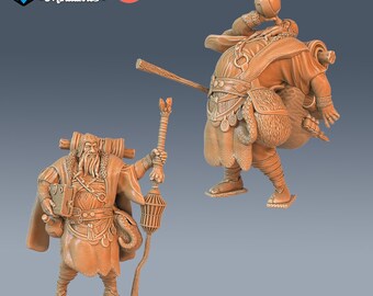 May include: Two 3D printed miniature figures of a bearded man in a long robe, one holding a staff and a lantern, the other holding a ball and a scroll. The figures are pre-supported and are medium size. The figures are printed in a light brown color.
