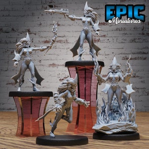 May include: Four gray painted miniature figurines of female figures with pointed ears and flowing hair. The figures are posed in different action poses and are standing on bases. The figures are all wearing armor and have weapons. The figures are all set against a brick wall background. The text "EPIC Miniatures" is visible in the upper right corner of the image.