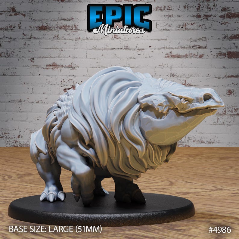 May include: A gray, detailed miniature of a creature with a large head, a long snout, and a mane of hair. The miniature is standing on a black base. BASE SIZE: LARGE (51MM) #4986