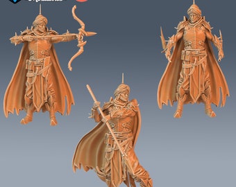 May include: Three 3D printed miniatures of a fantasy warrior in different poses. The warrior is wearing a turban, a long robe, and armor. The warrior is holding a bow and arrow, a spear, and a dagger. The miniatures are pre-supported and ready to be printed.