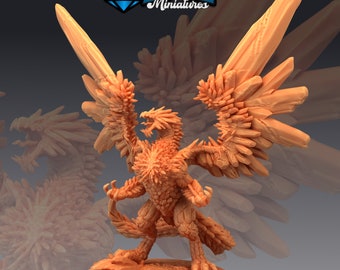 May include: A detailed miniature of a crystal dragon with a spiky, crystalline body and wings. The dragon has a fierce expression and is posed in a standing position.