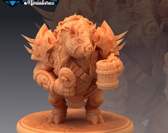 May include: A detailed miniature figurine of a boar-like creature in armor, holding a wooden mug. The figure is tan-colored and stands on a circular base. The armor includes shoulder pads with spikes.