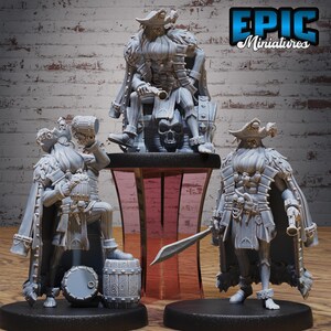 May include: Three gray miniature pirate figurines. One figure is seated on a throne, another is drinking from a mug, and the third is holding a sword. The figures are on a black base with a red and clear stand. The text "EPIC Miniatures" is in the upper right corner.