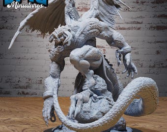 May include: A detailed, light gray miniature of a winged dragon-like creature. The sculpture features intricate details, including scales, claws, and a serpentine tail. The base is black, and the logo "EPIC Miniatures" is visible in the upper left corner.