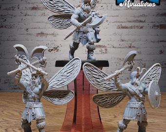 May include: A collection of gray miniature figures depicting a winged warrior with an axe and shield. The figures are standing on black bases, with one figure elevated on a clear, red-tinted stand. The text "EPIC Miniatures" is visible in the upper right corner.