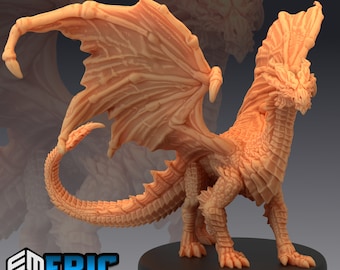 May include: A detailed miniature dragon figurine with a light brown color. The dragon has a long tail, large wings, and a spiky back. The dragon is standing on a black base.