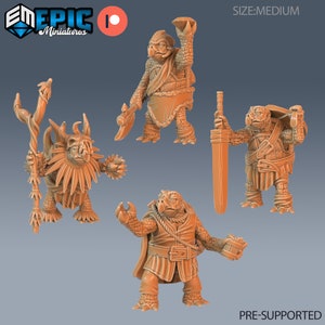 May include: Four 3D printed miniature turtle figures in various poses, including a wizard, a warrior, a thief, and a king. The figures are pre-supported and ready to be printed. SIZE: MEDIUM