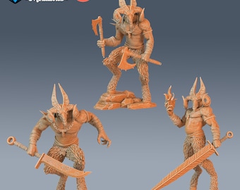 May include: Three 3D printed miniatures of a goat-like creature with horns, a sword, and an axe. The miniatures are in a light brown color and are pre-supported. SIZE: LARGE