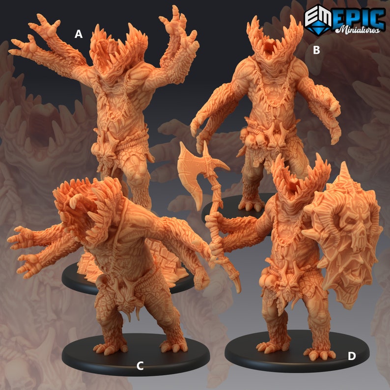 May include: Four detailed miniature figures of a monstrous creature with sharp teeth, claws, and horns. The figures are painted in a light orange color and are posed in different action stances. The figures are labeled A, B, C, and D.