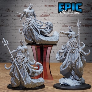 May include: Three grey resin miniature figurines depicting a humanoid figure with a tentacled lower body, a muscular torso, and a spiky crown. Each figure holds a trident weapon. The text "EPIC Miniatures" is visible in the upper right corner.
